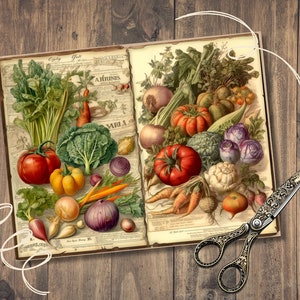 May include: An open vintage book with a colorful illustration of various vegetables and herbs. The book has a brown leather cover with gold lettering and is open to a page titled "Early Fall".