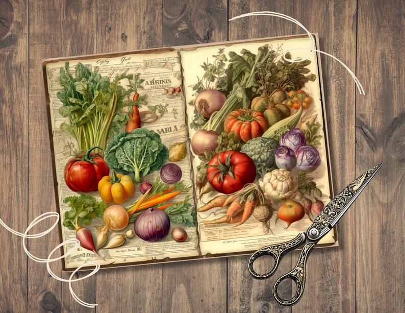 May include: An open vintage book with a colorful illustration of various vegetables and herbs. The book has a brown leather cover with gold lettering and is open to a page titled "Early Fall".