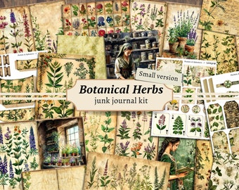 Botanical Herbs Junk Journal Kit, Digital Scrapbook Paper, Apothecary Printable, Herbal Pages, Antique Collage Sheet, Vintage Plant Ephemera