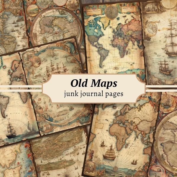 Vintage Map Junk Journal Pages, Printable Antique World Maps, Digital Scrapbook Kit, Old Aged Distressed Paper, Grunge Download, Nautical