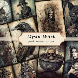 Mystic Witch Junk Journal-pagina's, digitale plakboekkit, griezelig afdrukbaar, gotisch collageblad, Wicca Ephemera, vintage hekserij BOS