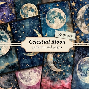 Pages de carnet de bordel de lune céleste, kit de papier de scrapbooking numérique, ciel nocturne imprimable, feuille de collage d'étoiles, téléchargement mystique, ATC d'astronomie