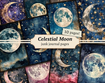 May include: Ten digital printable pages featuring celestial moon and star designs in shades of blue, gold, and purple. The pages are perfect for adding to a junk journal or other paper crafts.