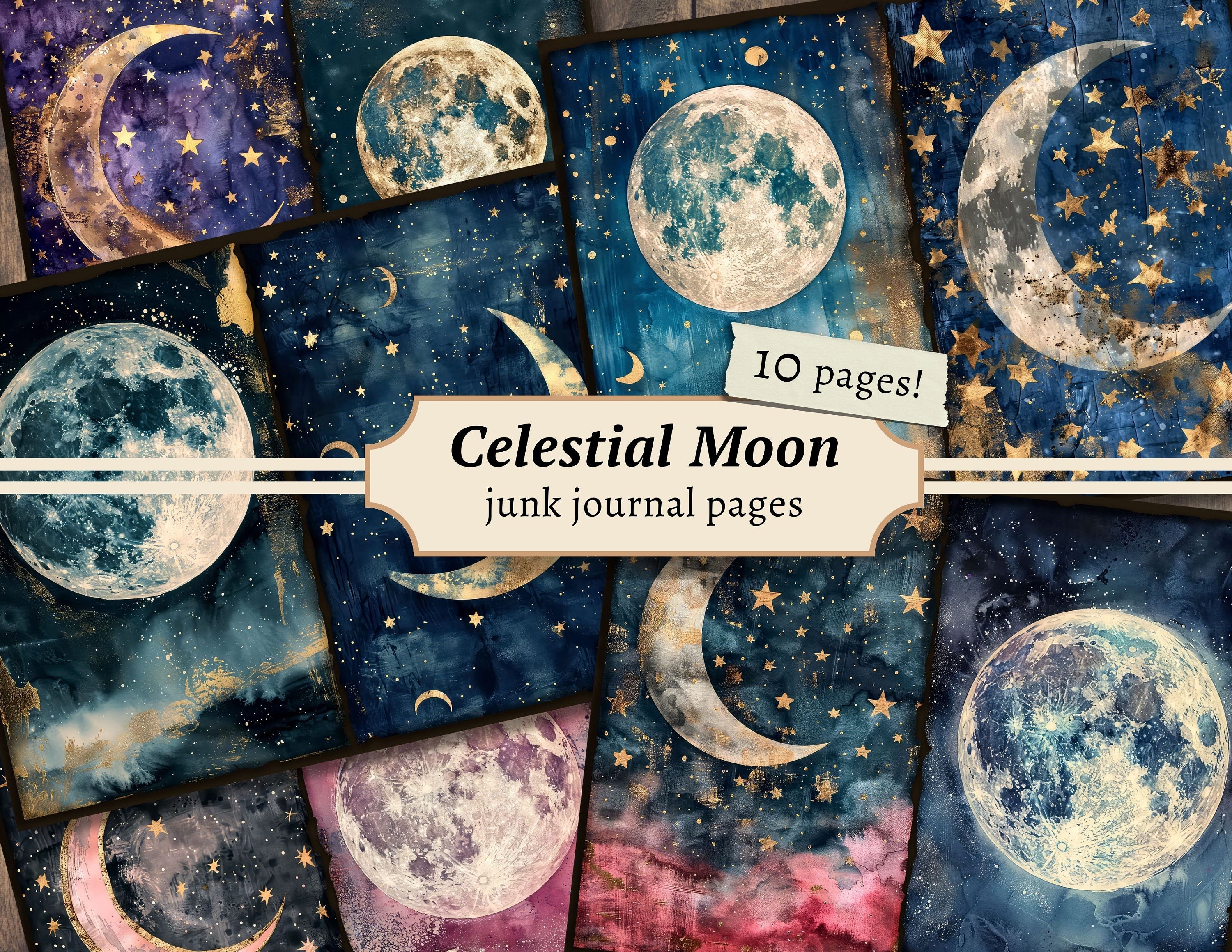 Celestial Moon Junk Journal Pages, Digital Scrapbook Paper Kit, Night ...