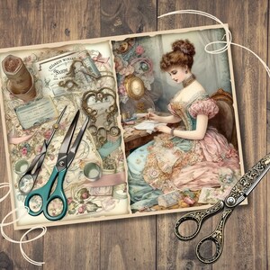 Peut inclure: Un collage d'images vintage repr&eacute;sentant une femme &eacute;crivant une lettre, des ciseaux et un papier d&eacute;coratif avec le texte "Ozarkis Wine Co. Salem".