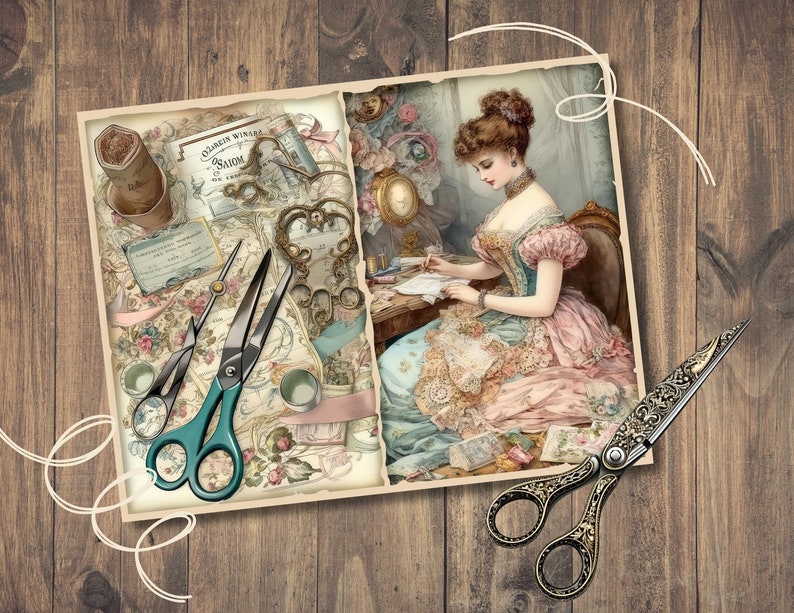 Peut inclure: Un collage d'images vintage repr&eacute;sentant une femme &eacute;crivant une lettre, des ciseaux et un papier d&eacute;coratif avec le texte "Ozarkis Wine Co. Salem".
