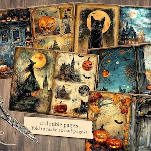 Może przedstawiać: Jedenaście dwustronnych stron z motywem Halloween z obrazami dyni, kot&oacute;w, czarownic i nawiedzonych dom&oacute;w. Strony są zaprojektowane do złożenia na p&oacute;ł, aby stworzyć 22 p&oacute;łstrony.