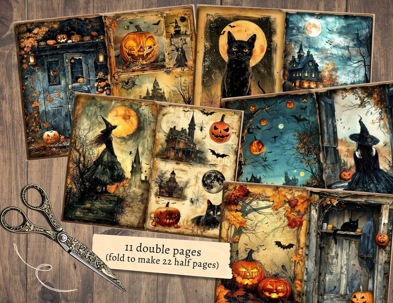 Może przedstawiać: Jedenaście dwustronnych stron z motywem Halloween z obrazami dyni, kot&oacute;w, czarownic i nawiedzonych dom&oacute;w. Strony są zaprojektowane do złożenia na p&oacute;ł, aby stworzyć 22 p&oacute;łstrony.