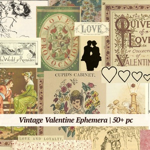 Coisas efêmeras vintage dos namorados | Mais de 50 unidades | folha de colagem para impressão do Dia dos Namorados, suprimentos para diário digital, kit de papel para scrapbook, amor gasto