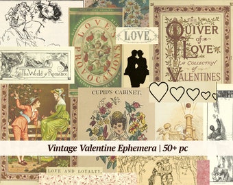 Efímeras vintage de San Valentín / Más de 50 piezas / Hoja de collage de San Valentín imprimible, suministros para diarios digitales, kit de papel para álbumes de recortes, amor deslucido