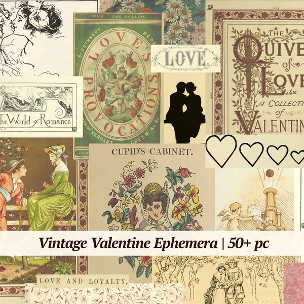 Vintage Valentine Ephemera | 50+ pc | printable Valentines collage sheet, digital junk journal supplies, scrapbook paper kit, shabby love