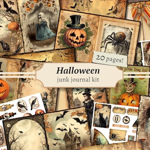 Halloween Junk Journal Kit, Digital Scrapbook Paper, Pumpkin Printable, Spooky Collage Sheet, Vintage Ephemera, Creepy Tags Stamps Pockets