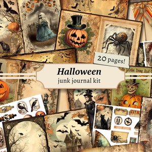Kit de diario basura de Halloween, papel digital para álbum de recortes, calabaza imprimible, hoja de collage espeluznante, efímera vintage, etiquetas espeluznantes, sellos y bolsillos.