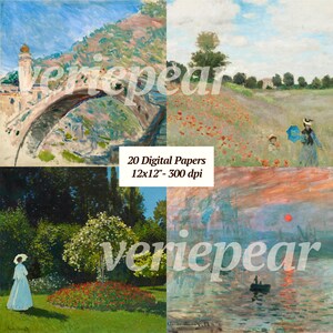 May include: A set of 20 digital papers featuring various paintings in a collage style. The papers are 12x12 inches and 300 dpi. The paintings include a bridge over a river, a field of red poppies, a garden with a tree, and a sunrise over a river.