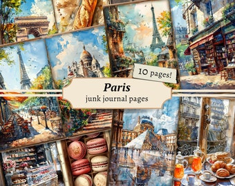 Puede incluir: Un conjunto de 10 páginas de diario de chatarra de acuarela que representan monumentos parisinos, como la Torre Eiffel, el Arco del Triunfo y la Basílica del Sagrado Corazón. Las páginas están decoradas con macarons, pasteles y otros detalles de temática parisina.