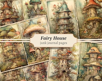 May include: A collage of ten digital images featuring whimsical fairy houses built into mushrooms and trees. The images are in a vintage style with watercolour textures and are labelled "Fairy House junk journal pages".