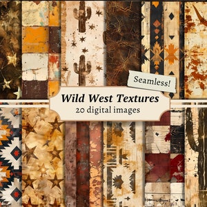 Textures del selvaggio West, carte digitali senza soluzione di continuità, kit di sfondo per album, stampabili western, motivi da cowboy vintage, pagine di diario da scaricare