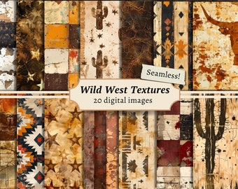 Wild West Textures Seamless Digital Papers, Scrapbook Background Kit, Western Printable, Vintage Cowboy Patterns, Journal Pages Download