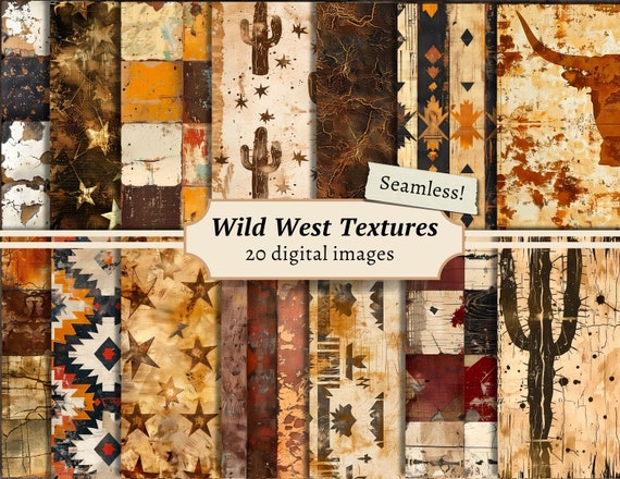 Wild West Textures Seamless Digital Papers, Scrapbook Background Kit, Western Printable, Vintage Cowboy Patterns, Journal Pages Download