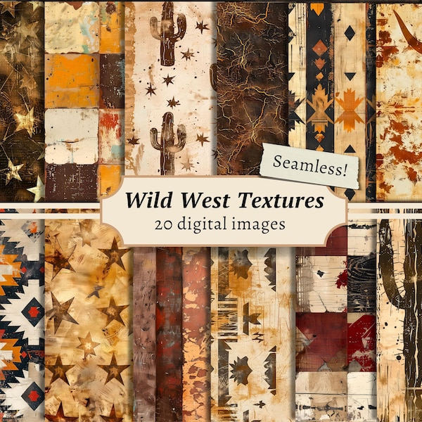 Wild West Textures Seamless Digital Papers, Scrapbook Background Kit, Western Printable, Vintage Cowboy Patterns, Journal Pages Download