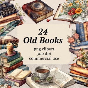 Aquarelle livres clipart, clipart livres vintage, livre ancien PNG Bundle, pile de livres de bibliothèque confortable, vieux livres floraux numériques, usage Commercial