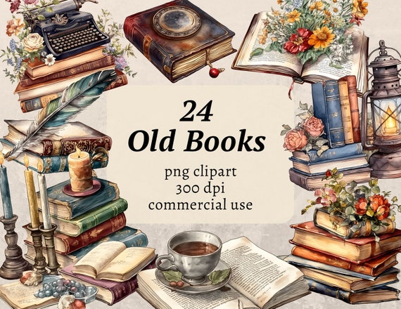 Watercolor Books Clipart, Vintage Books Clip Art, Antique Book PNG Bundle, Cozy Library Book Stack, Digital Old Floral Books, Commercial Use