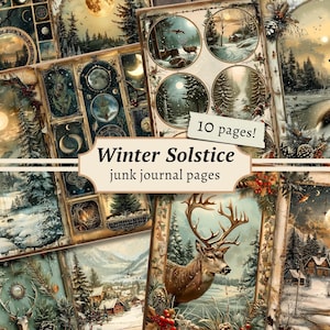 Páginas de diário de lixo de solstício de inverno, álbum de recortes digital, kit de papel natalino, impressão pagã de Yule, itens vintage, folha de colagem de bruxa Wicca