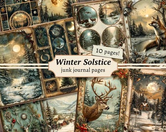 May include: Ten printable pages featuring winter solstice imagery. The pages include a deer, a fox, a snowy forest, and a moon. The pages are perfect for adding to a junk journal.