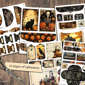 Może przedstawiać: Dziesięć stron cyfrowego papieru w stylu Halloween z przerażającymi ilustracjami, dyniami, szkieletami i tekstem w stylu vintage. Tekst zawiera "Happy Halloween", "Spooky Season" i "Venepeg".