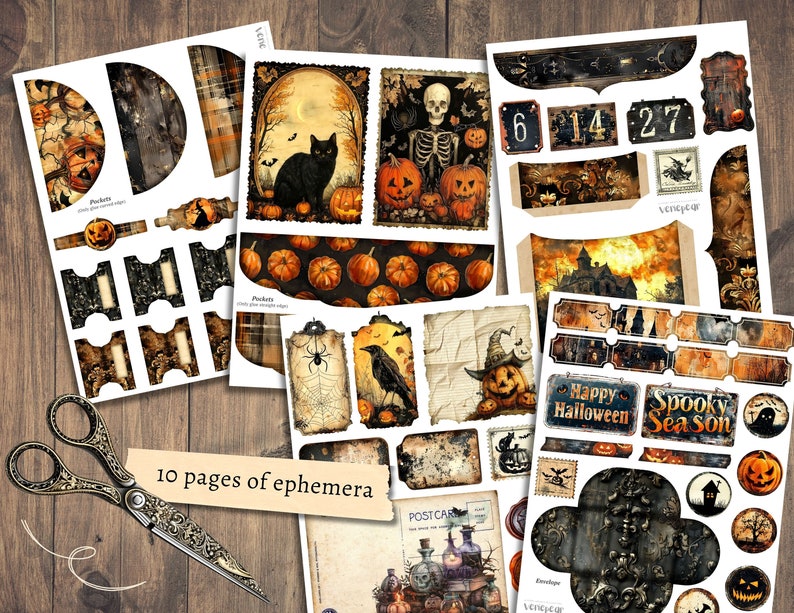 Może przedstawiać: Dziesięć stron cyfrowego papieru w stylu Halloween z przerażającymi ilustracjami, dyniami, szkieletami i tekstem w stylu vintage. Tekst zawiera "Happy Halloween", "Spooky Season" i "Venepeg".