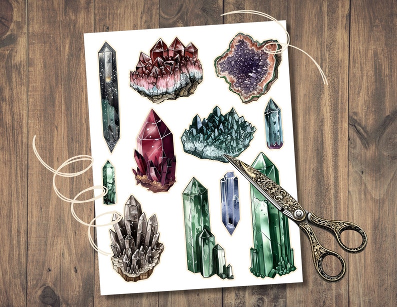 Mystic Crystals Fussy Cuts, Digital Ephemera, Gemstones Printable, Watercolor Junk Journal Pages, Gems Scrapbook Paper Kit, Collage Sheet image 4