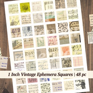 Confezione di effimeri quadrati vintage da 1 pollice / 48 pezzi / abbellimenti per diari spazzatura stampabili, mini journaling, foglio di collage digitale, kit per scrapbooking