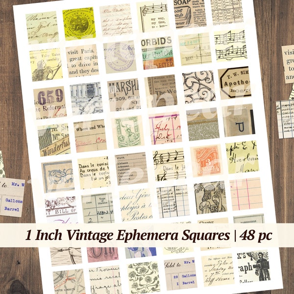 Vintage 1 Inch Square Ephemera Pack | 48 pc | printable junk journal embellishments, mini journaling, digital collage sheet, scrapbook kit