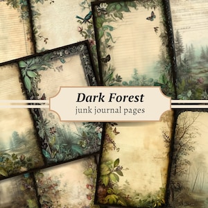 Dark Forest Junk Journal Seiten, druckbares Collage Sheet, digitales Scrapbook-Papier, Aquarell Wald Ephemera Kit, Vintage Bäume Hintergrund