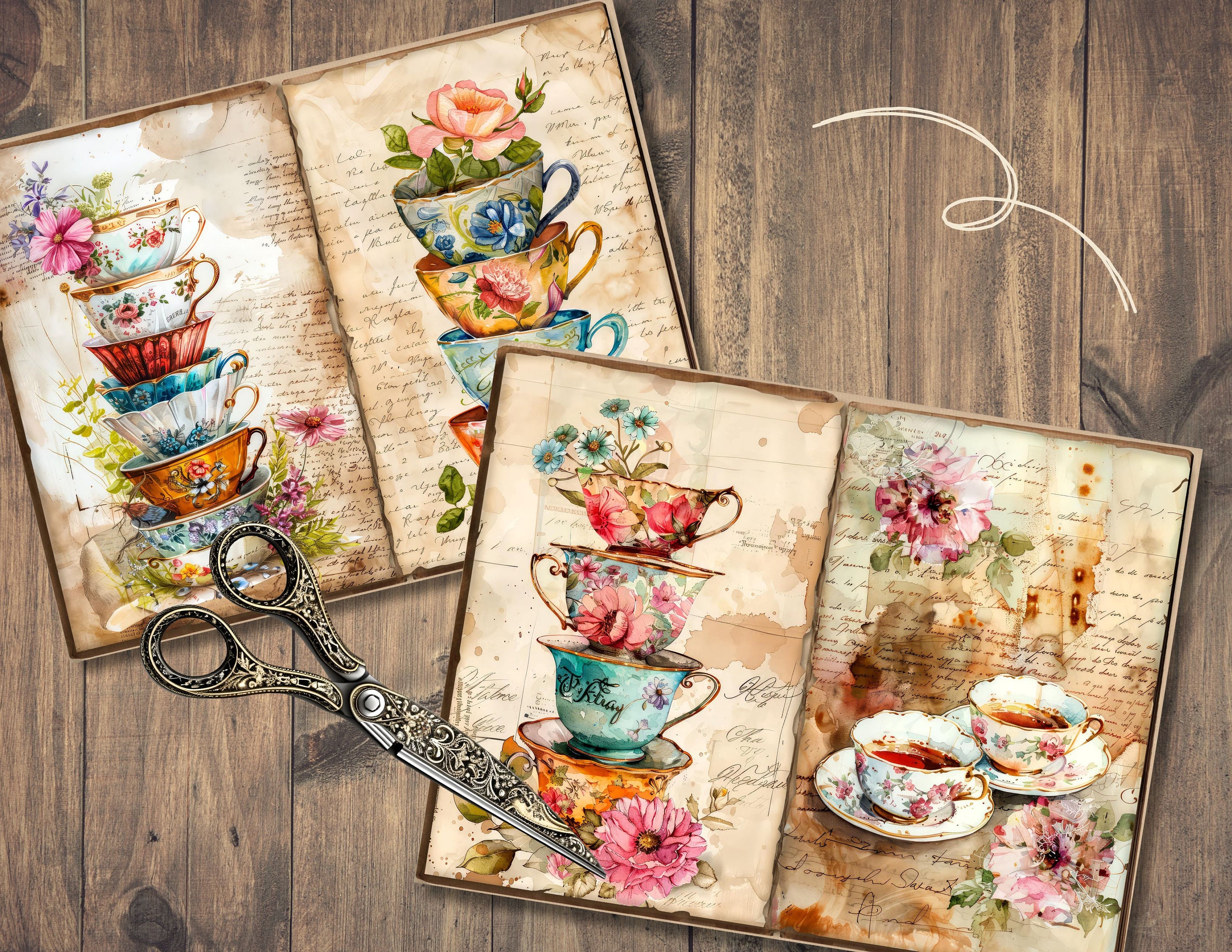 Floral Teacup Junk Journal Pages, Digital Scrapbook Paper Kit, Flower ...