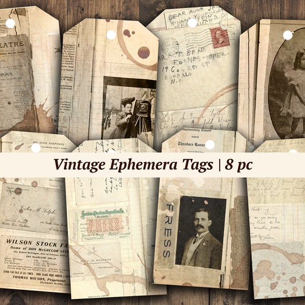 Vintage Ephemera Tags | ausdruckbare Junk Journal Materialien, Scrapbook Papier, alte Handschriften, digitale Collage Druckvorlagen, handgeschriebene Verzierungen