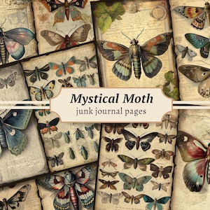 Mystical Moth Junk Journal Pages, digitale plakboekkit, afdrukbaar collagevel, vintage efemere verschijnselen, mystieke vlinder, grimoire BOS