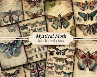 Mystical Moth Junk Journal Pages, Digital Scrapbook Paper Kit, Printable Collage Sheet, Vintage Ephemera, Mystic Butterfly, Grimoire BOS