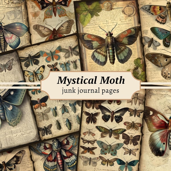 Mystical Moth Junk Journal Pages, Digital Scrapbook Paper Kit, Printable Collage Sheet, Vintage Ephemera, Mystic Butterfly, Grimoire BOS