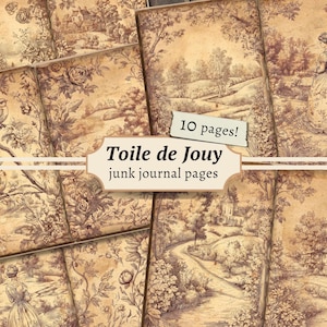 Toile de Jouy-junkdagboekpagina's, digitaal plakboek, Franse papierset, Victoriaans afdrukbaar, vintage kortstondige kaart, bruin toile-collageblad