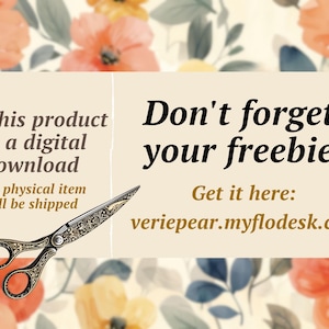 K&ouml;nnte beinhalten: Eine Grafik f&uuml;r einen digitalen Download mit einer Schere mit Verzierungen und dem Text "Dieses Produkt ist ein digitaler Download kein physischer Artikel wird versandt Vergiss dein Gratisgeschenk nicht! Hier bekommst du es: veriepear.myflodesk.com"