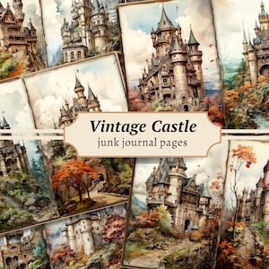 May include: A set of eight vintage castle illustrations, ideal for junk journaling. Each illustration features a detailed watercolour painting of a castle with a whimsical, fairytale-like aesthetic. The illustrations are set against a backdrop of lush greenery and autumn foliage.