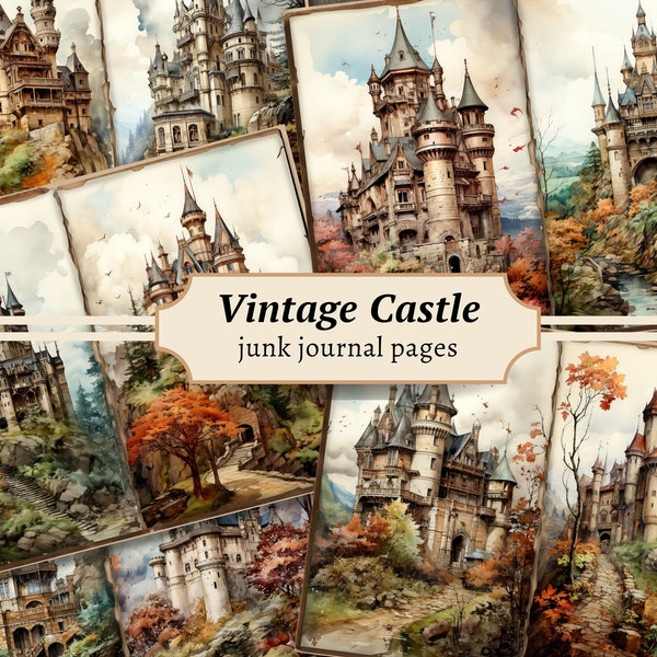 Vintage Castle Junk Journal Pages, Digital Scrapbook Paper Kit, Fantasy Printable, Fairy Forest Collage Sheet, Fairytale Ephemera Background