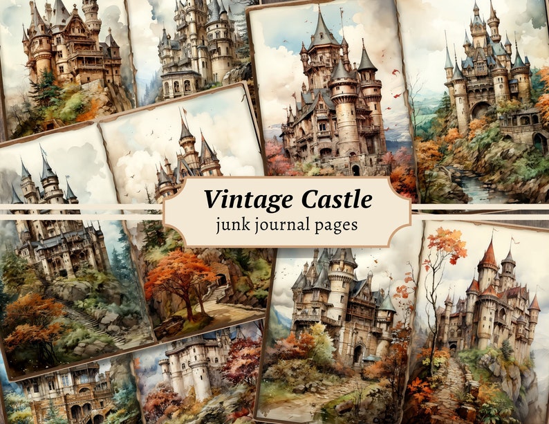 May include: A set of eight vintage castle illustrations, ideal for junk journaling. Each illustration features a detailed watercolour painting of a castle with a whimsical, fairytale-like aesthetic. The illustrations are set against a backdrop of lush greenery and autumn foliage.