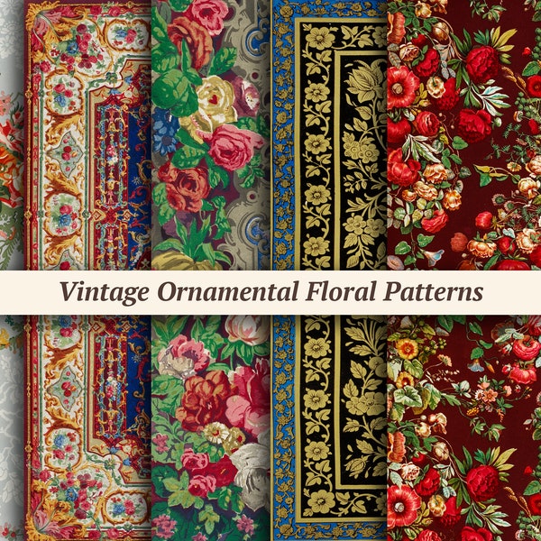 Vintage Ornamental Floral Patterns | printable collage sheets, junk journal decorative paper, digital scrapbook kit, journaling background