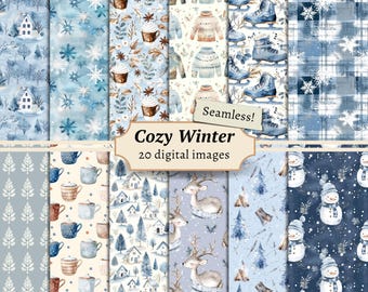 May include: A set of 20 digital seamless patterns featuring winter themes. The patterns include snowflakes, houses, deer, snowmen, mugs, and more. The patterns are in shades of blue, white, and gray.