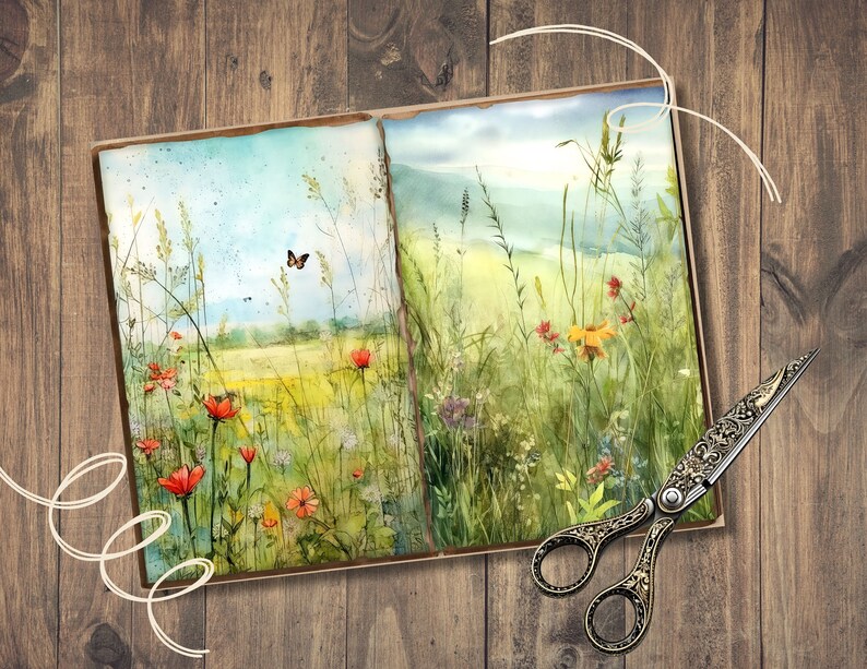 May include: A watercolour painting of a meadow with wildflowers and a butterfly, displayed in an open book. The artwork features vibrant red, yellow, and green hues. Decorative scissors with ornate handles are placed on a wooden surface.
