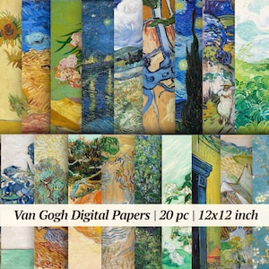 May include: A set of 20 digital papers featuring vibrant, colourful paintings in the style of Vincent van Gogh. The papers are 12x12 inches and include various scenes, such as sunflowers, starry nights, and landscapes.