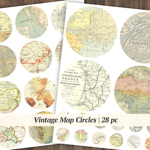 Círculos de efímeras de mapas antiguos / 28 piezas / hoja de collage de mapas del mundo imprimible, etiquetas redondas para diario basura, adornos digitales, papel para álbumes de recortes