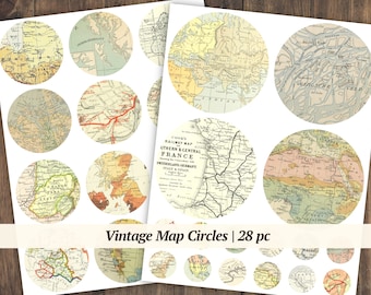 Vintage Map Ephemera Circles | 28 pc | printable world map collage sheet, round junk journal tags, digital embellishments, scrapbook paper